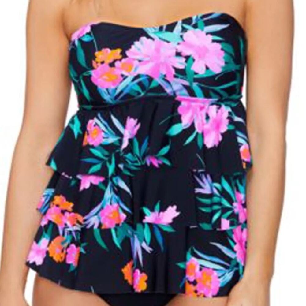 ISLAND ESCAPE Ruffled Layers w/Straps Tankini Top Size 8 Black Floral Size 8 - Picture 2 of 5